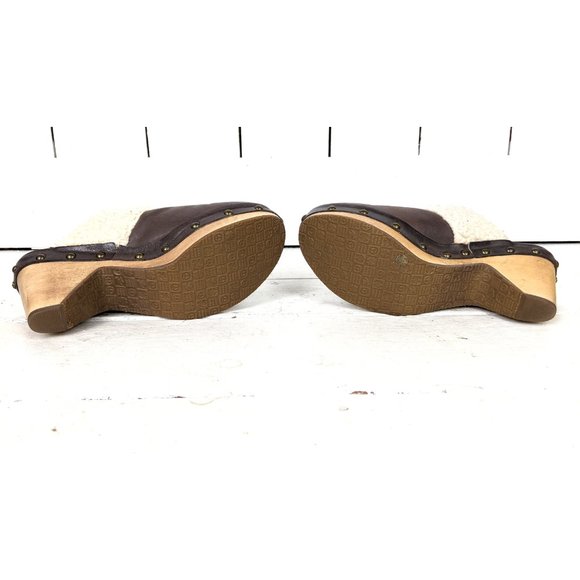 Brown leather Lucky Brand slip on mule clog faux sheepskin sandals - Picture 8 of 9